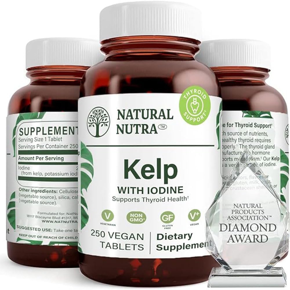 Natürliche Nutra Kelp Iodine Schilddrüsenunterstützungsergänzung, verstärkt Immunsystem und reguliert Metabolismus, Vegan Sea Kelp, Non GMO, Atlantic Sourced Seaweed Extract, 225 mcg, 250 Tabletten (Pack von 2)