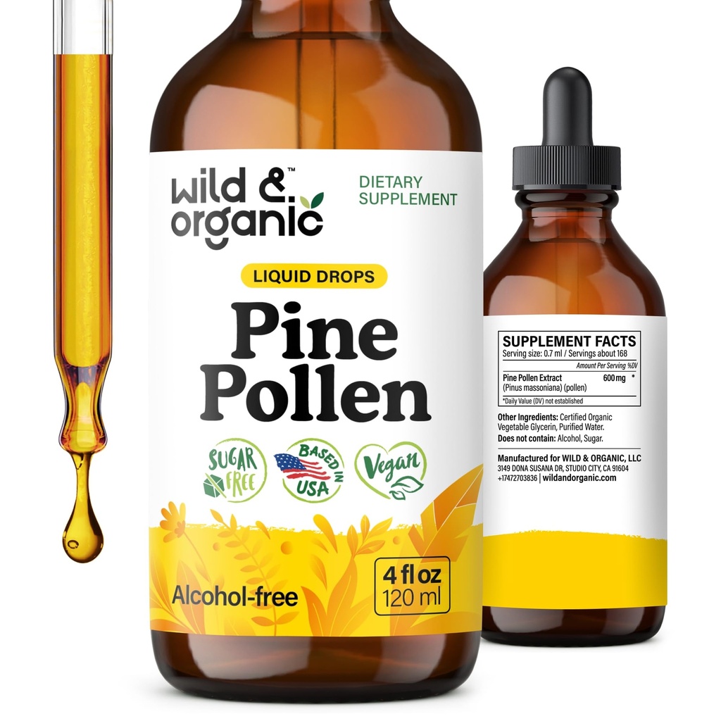 Wild & Organic Pine Pollen Tincture - Pine Pollen Pulver Flüssigkeitstropfen für Männer & Frauen - Vegan, Zucker & Alkoholfreie Ergänzung - 4 fl oz