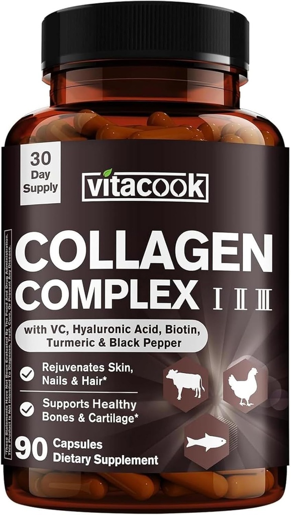 Collagen Peptides Complex, Typ I, II, III, 2025 MG, Hydrolysed Multi Collagen, VC, Biotin, HA, Turmeric & Black Pepper, für Haut, Haar, Nägel, 90 Caps