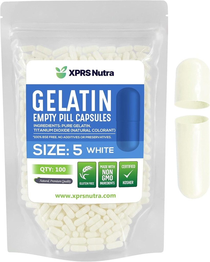 XPRS Nutra Größe 5 Leere Kapseln - 100 Count Sehr kleine leere Gelatine Kapseln - Pillen DIY Kapsel Füllung - Fillable Pille Gel Kapseln für Do-It-Yourself Vitamin Supplements (Weiß)