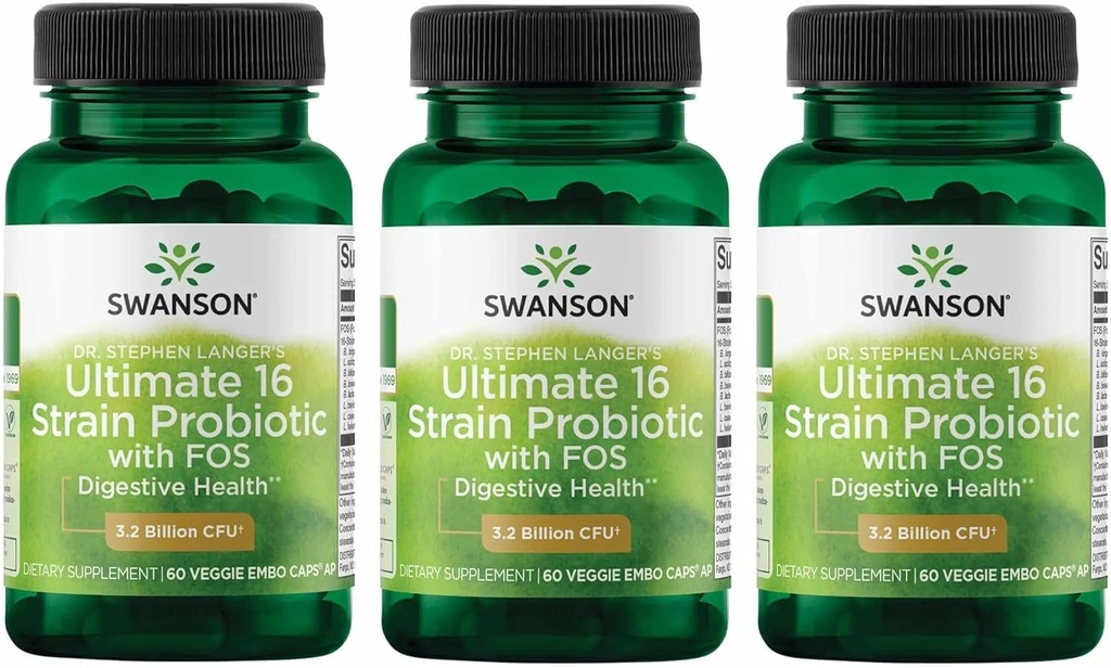 Swanson Dr. Stephen Langer's Formula - Natural Probiotic w/Prebiotic FOS - 16-Strain Supplement Förderung Verdauungsunterstützung w/ 3.2 Billion CFU pro Kapsel - (60 Veggie Kapseln) 3 Pack