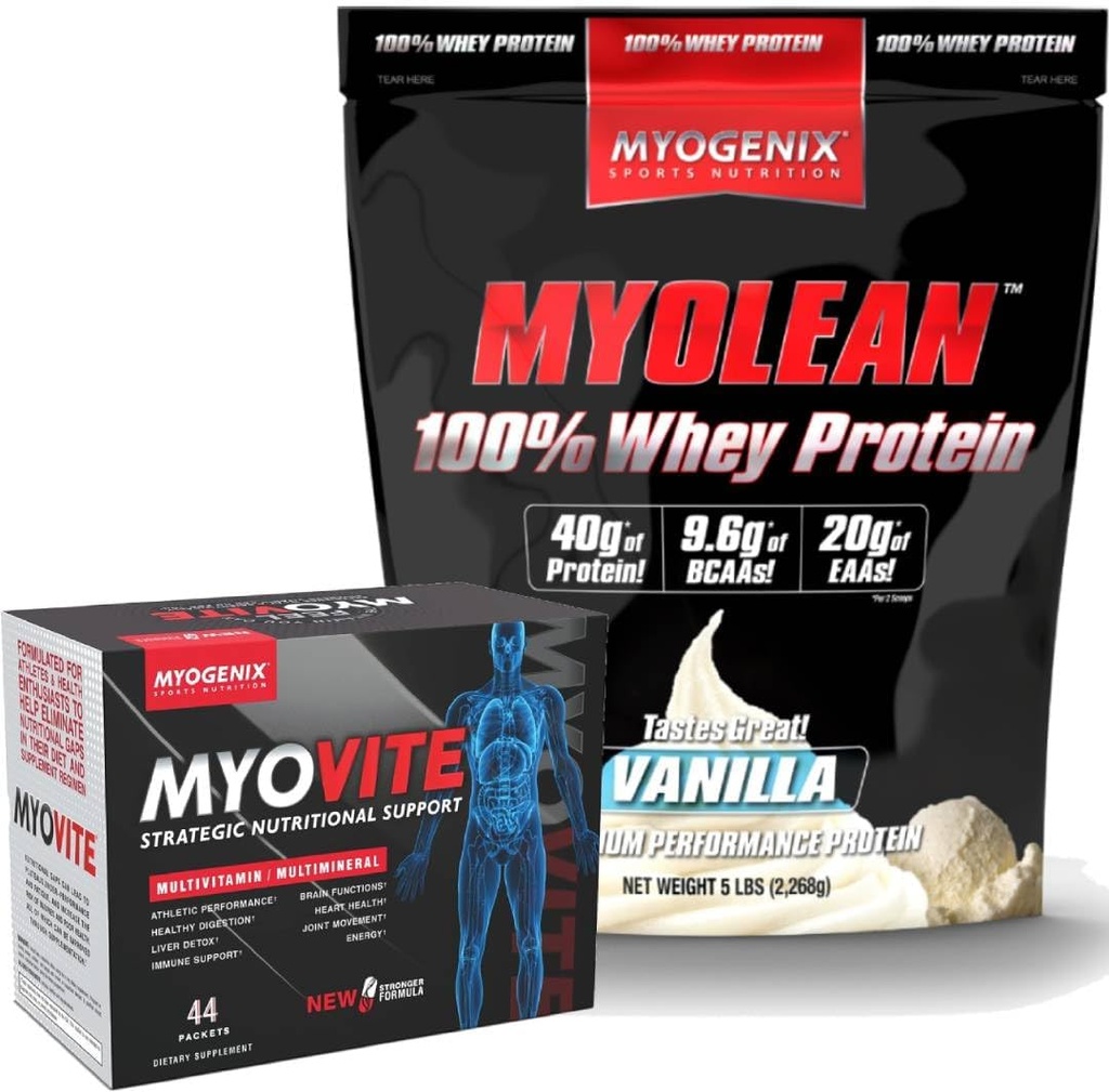 Myogenix Myovite Multivitamin & Myolean Vanilla Whey Protein Bundle – Komplette tägliche Ernährung mit 40g High-Protein Whey – Unterstützung von Energie, Muskelwachstum und Erholung