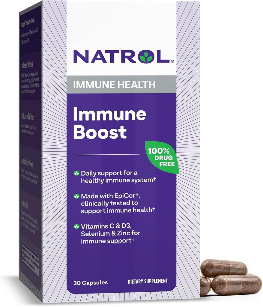 Natrol Immun Boost Kapseln, Immununterstützung Nahrungsergänzung, Hergestellt mit EpiCor klinisch getestet, enthält Vitamine C, D3, Selen und Zink, 30 Zähler