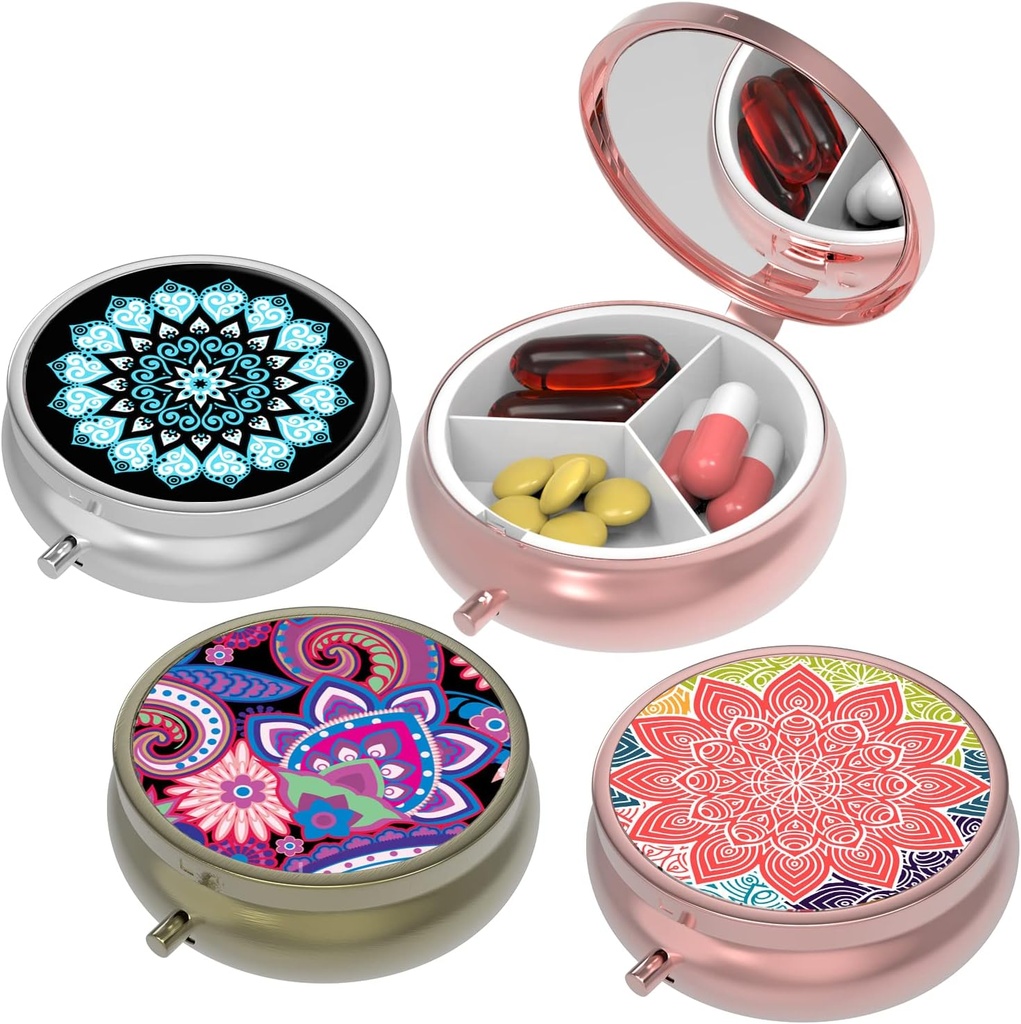 Small Pill Box,Pill Case for Purse&Pocket,3 Compartments Travel Pill Case Medication Organizer Aufbewahrung für Vitamine, Pillen, Fischöl und Ohrringe, Studs,Round Silber Bronze Rose Gold