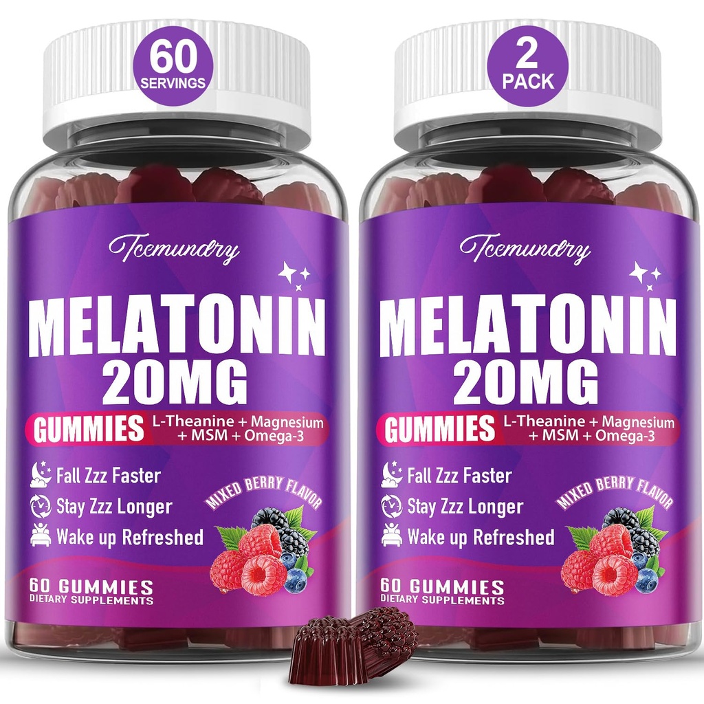 Melatonin Gummi 20mg für Erwachsene - maximale Stärke Melatonin Gummis mit L-Theanin, Magnesium, Omega-3, MSM, D3 & Zink - Non-Habit Forming, Vegan, Non GMO, natürliche Mischbeeren Flavor