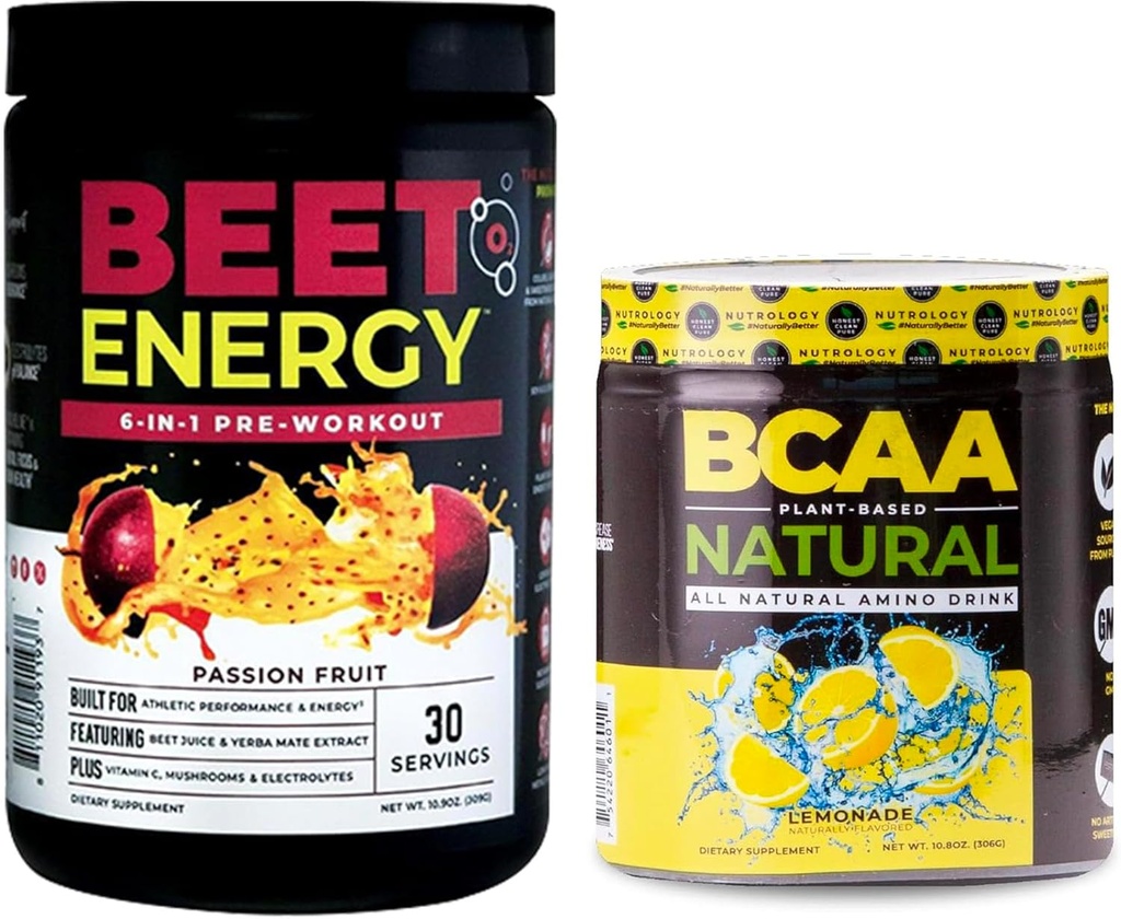 Nutrology Beet Natural O2, Pre Workout Powder, Passion Fruit Flavor (30 Servierungen) BCAA Natural, Plant Based BCAA Powder, Lemonade Flavor (30 Servierungen)
