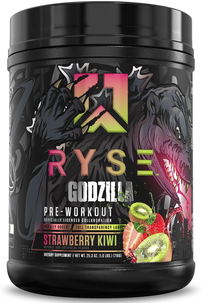 RYSE Godzilla X Noel Deyzel Pre Workout Powder - Erdbeer Kiwi - 400mg Koffein, High Stim Pre-Workout für Männer & Frauen mit Citrulline & Beta Alanine - Energie, Pumpe & Fokus - 20/40 Servierungen