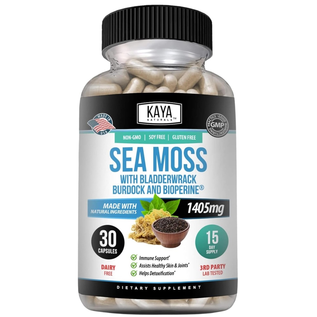 Kaya Naturals Sea Moss - Mobility Supplement for Men and Women - with Burdock Root, Irish Moss, Bladderwrack, and BioPerine - for Mobility Health and Immune Boost, 30 Count