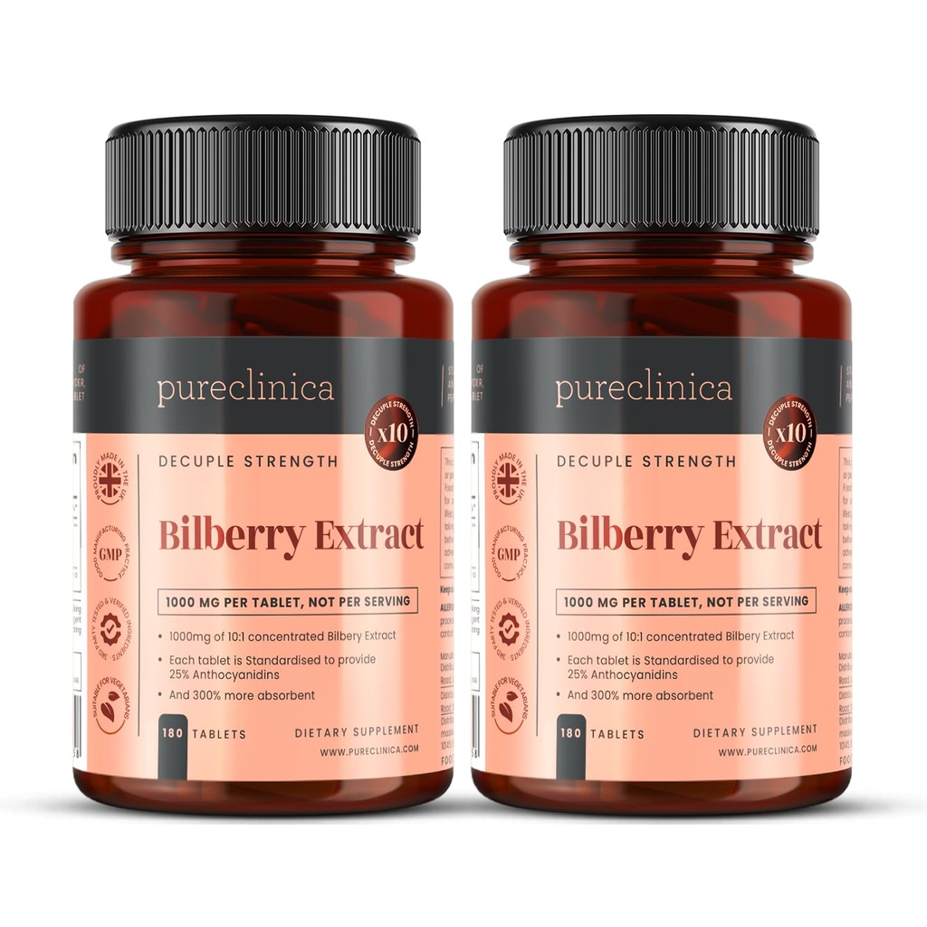 pureclinica Bilberry Extract 10.000mg x 360 Tabletten (2 Flaschen) - 10 X Mehr Anthocyanidine w/ 5mg Schwarz Pfeffer Extrakt