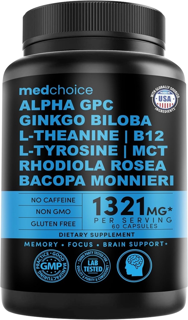 12-in-1 Nootropic Ginkgo Biloba für Gehirnunterstützung, Gedächtnis und Fokus - B12, Alpha GPC, L Theanine und Choline Ergänzungen mit Bioperine Non Caffeinated 1321mg (60ct)