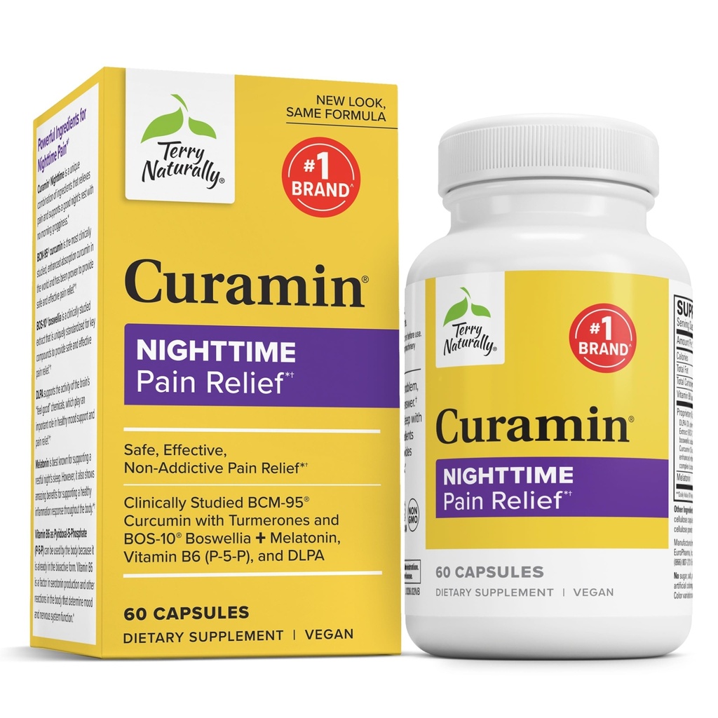 Terry Naturally Curamin Nighttime - Curcumin & DLPA Kapselergänzung - Non-GMO-Ergänzung zur Unterstützung gesunden Schlaf & Entspannung - Kräuterergänzung mit Melatonin - 60 Kapseln