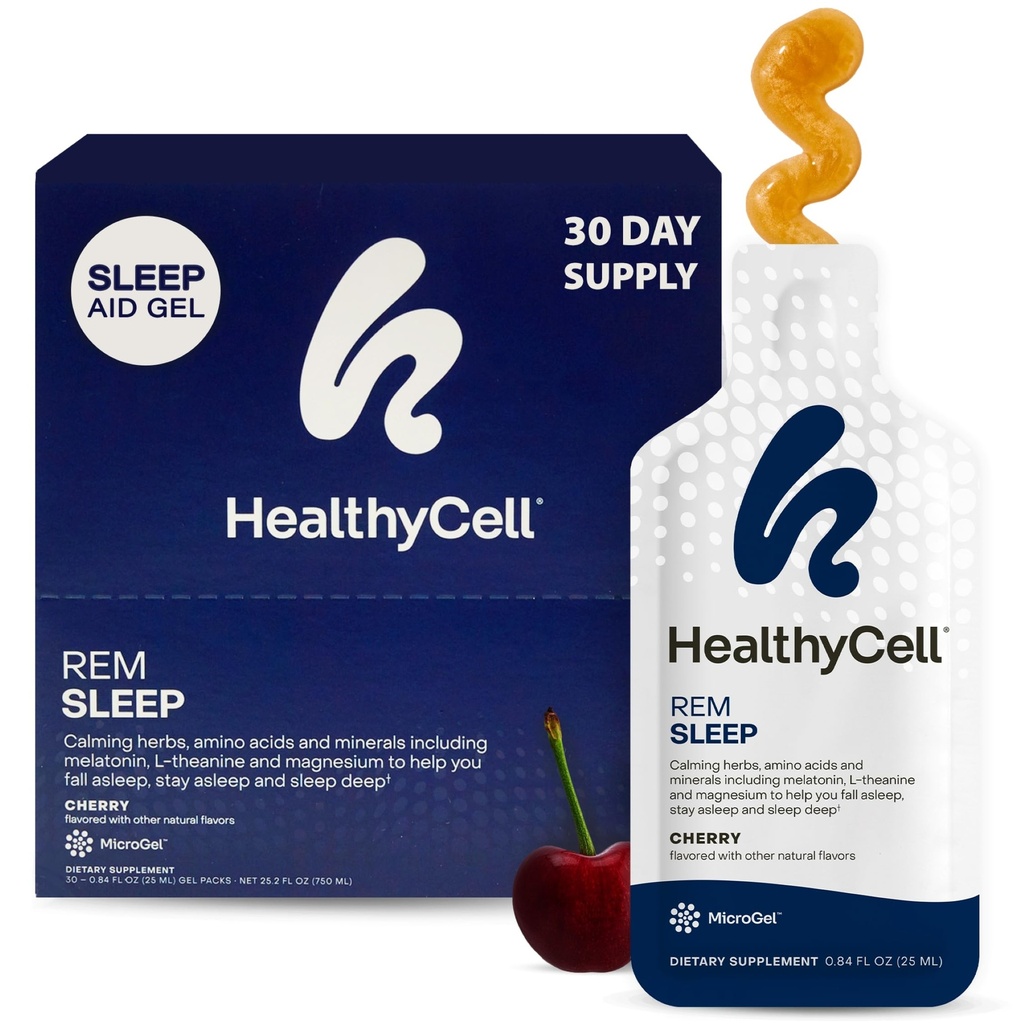 Healthycell REM Schlafhilfe-Ergänzung für Erwachsene - Flüssiges Gel Extra Strength Schlaf-Ergänzung mit Melatonin, Magnesium, L-Theanin, GABA & Natural Calming Kräuter - 30 Gel Packs, Cherry Flavored