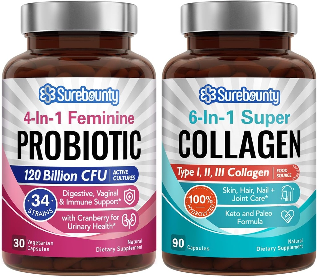 Probiotic + Collagen Bundle, 4-in-1 Feminine Probiotic (30ct) & 6-in-1 Super Collagen (90ct), 2 Packungen, Cranberry, Digestive & Healthy Aging Support, Non-GMO