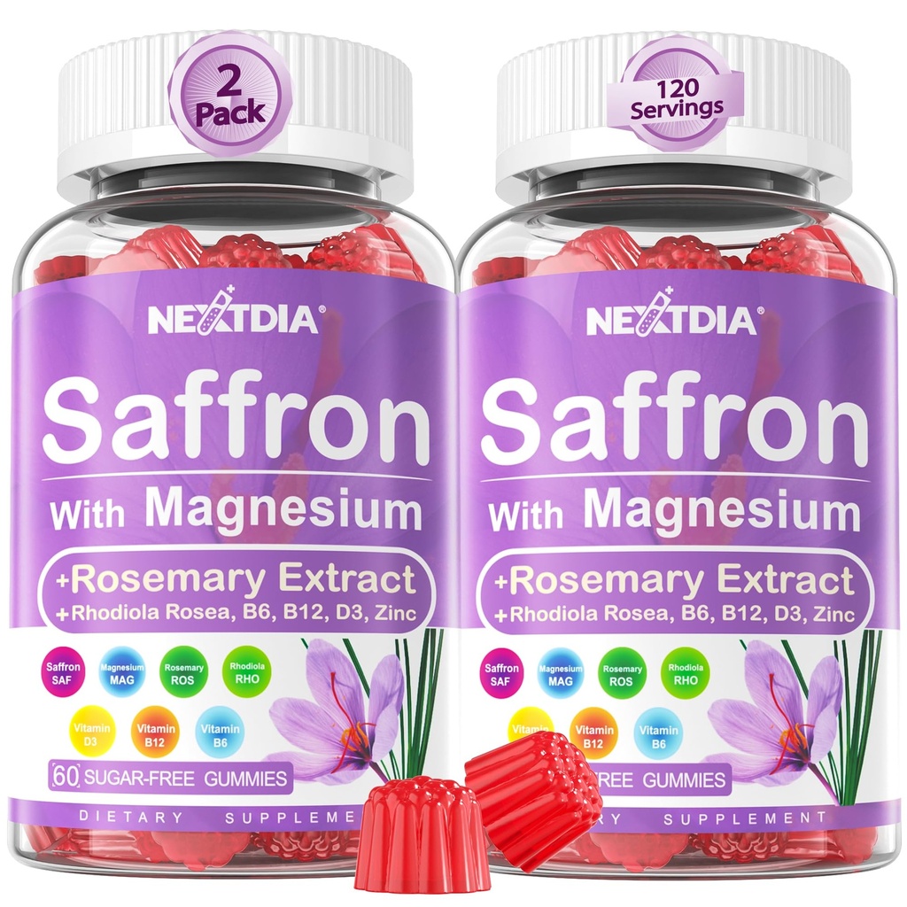 Saffron Ergänzungen Gummi - 4 Monate Versorgung - Safranextrakt 177mg 88.5mg, w/Magnesium Glycinate 400mg 200mg, Rhodiola Rosea, Rosmarin, B6 B12 D3 für Kalm, Nerve, Rest, Fokus, Sugar-Free, 2 Pack