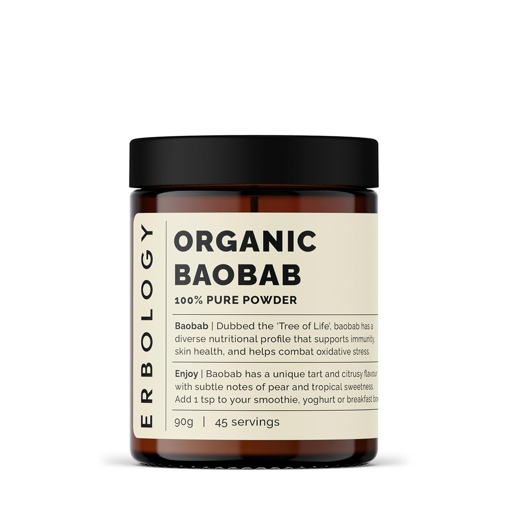 Erbology Organic Baobab Powder 3.2 oz - 45 Servings - Skin Health and Immunity Support - Rich in Vitamin C, B Vitamins and Polyphenols - Sustainably Sourced Straight from Farm - Vegan - GMO-Free