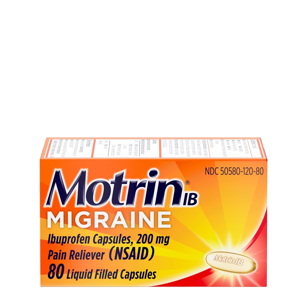 Motrin IB Migraine Relief Liquid Gel Kapseln mit 200 mg Ibuprofen pro Kapsel, Schnelle und effektive Migraine Kopfschmerzen Medizin mit NSAID Schmerzen Ibuprofen, Koffeinfrei, 80 ct