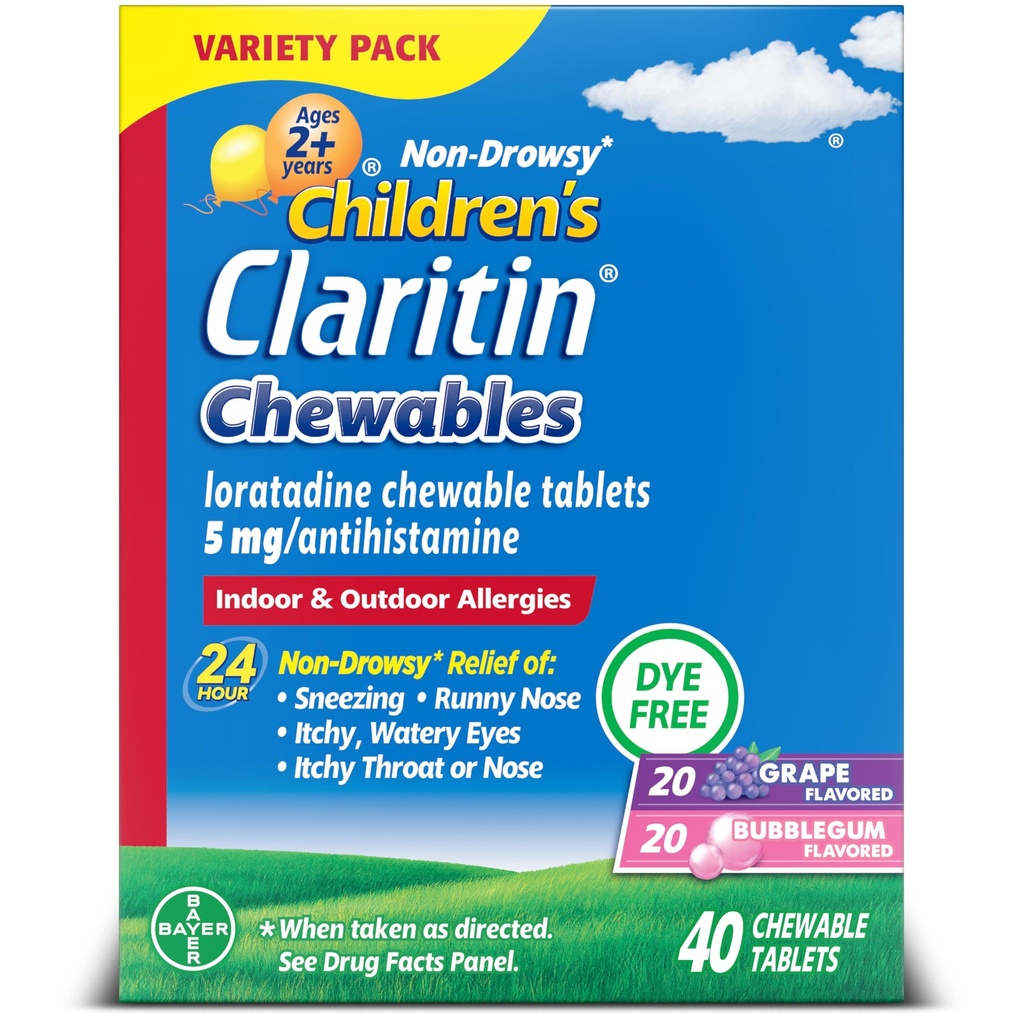 Claritin Kinderallergien Medizin, 24-Stunden-nicht-Drowsy Loratadine 5mg Kautablettt, Antihistamin für Kinder Alter 2 Jahre und älter, Grape & Bubble Gum Flavors, 40 Tabletten