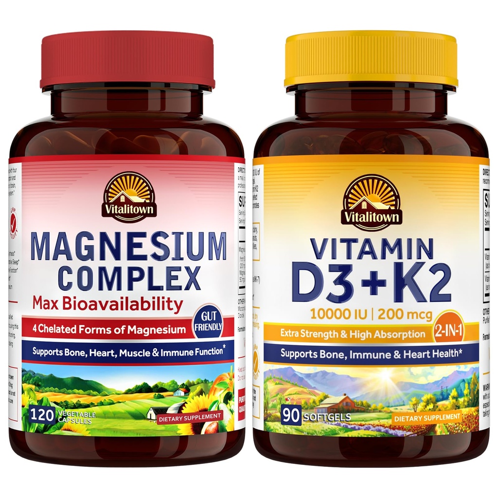 Vitalitown Magnesium Complex & Vitamin D3 K2 Bundle (Pack von 2) | für Knochenherz Immune & Muskel | Magnesium Glycinate, 10000IU D3, MK-7 | 120 Mag Caps & 90 D3 Softgel