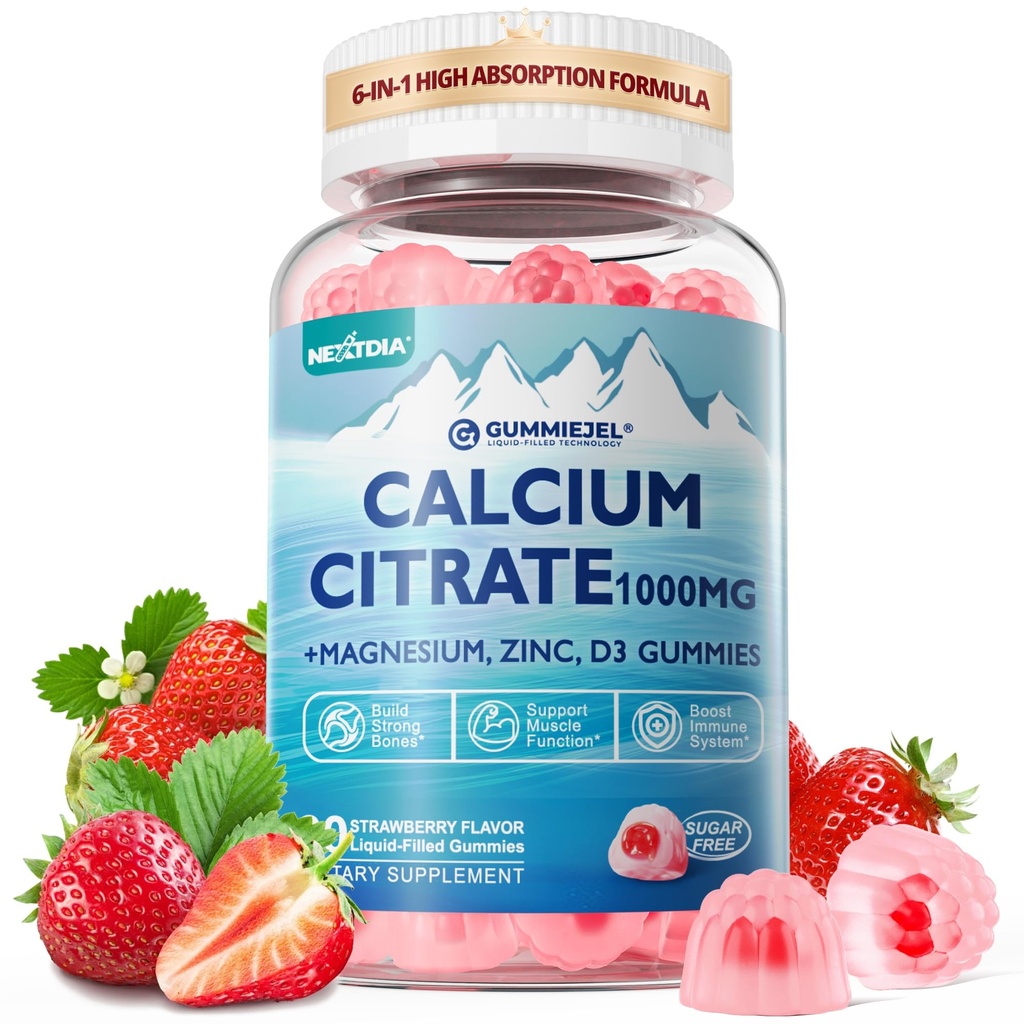 Calcium Citrate Supplement 1000mg für Frauen & Männer, 6-in-1 Calcium Magnesium Zink-Gummi + Vitamin D3, B6 & Kalium Hohe Absorption für Knochen, Zähne, Muskel & Nerve Gesundheit, Vegan, Sugar Free,60Cts