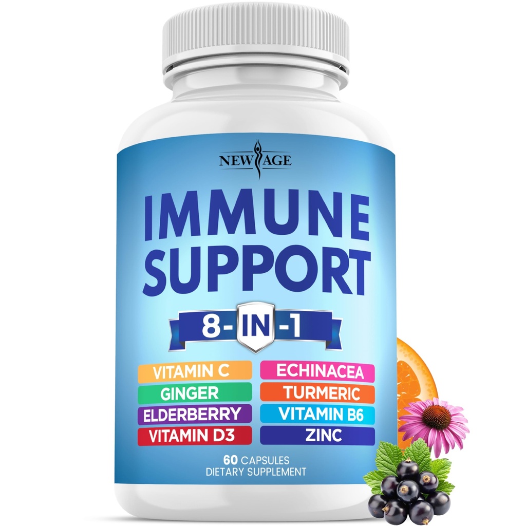 NEU AGE 8 in 1 Immununterstützung Booster Supplement mit Echinacea, Vitamin C und Zink 50mg, Vitamin D 5000 IU, Kurkumin & Ginger, B6, Elderberry 60 Count (Pack mit 1)