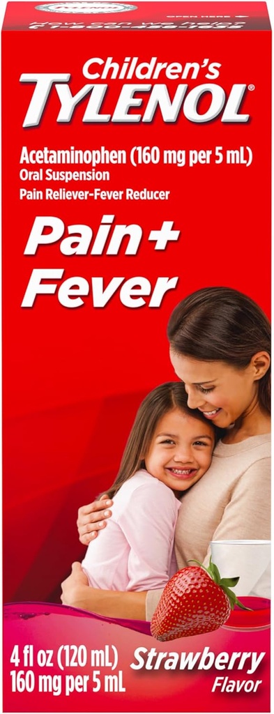 Kinder Tylenol Oral Suspension Medizin, Kinder-Flüssigmedizin Schmerzen & Fever Reducer für Kalt + Flu Symptome, Aspirin-, Ibuprofen- & Alkohol-frei, Erdbeere, 4 fl. Unze