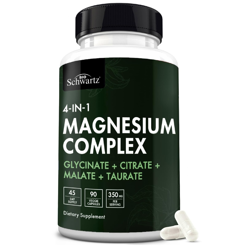 BioSchwartz Magnesium Complex Supplement (90 Kapseln) 350mg Magnesium Glycinat Citrate Malate und Taurate Per Servieren für gesunde Nerven Muskeln Herz Schlafunterstützung (Vegan, Glutenfrei, Non-GMO)