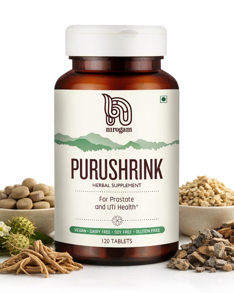 Nirogam Purushrink - BPH Prostate Supplement for Men, Supports Better Sleep & Urinary Health - Natural Ayurvedic Herbal Supplement 120 Tablets - Vegan, Dairy Free, Gluten Free