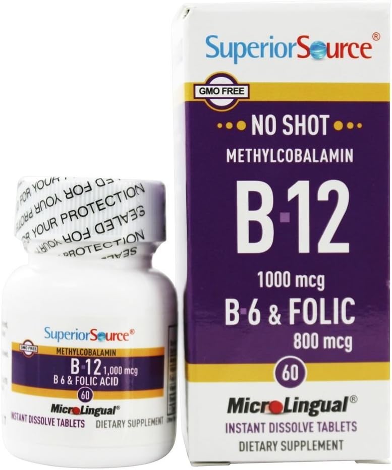Superior Source - No Shot B12 Methylcobalamin 1000 mcg with B6 & Folic Acid 800 mcg. - 60 Quick Dissolve Tablets