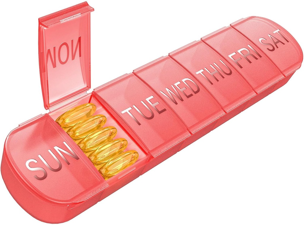 Wöchentliche Pille Organizer 1 Mal am Tag, Reise Pille Box 7 Tage Extra große Komponenten Vitamin Halter, Tägliche Pille Container 7day XL Medizinspender für Fischöl Fall (Rot)
