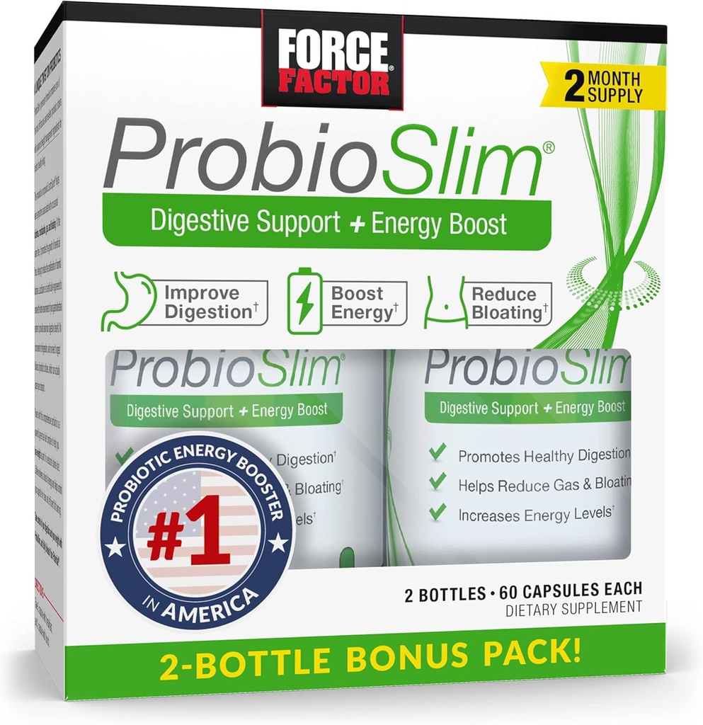 FORCE FACTOR ProbioSlim Probiotische Ergänzung für Frauen und Männer mit Probiotika und Grüner Tee-Extrakt, reduzieren Gas, Bloating, Verstopfung, Unterstützung Verdauung und Gut Gesundheit, 120 Kapseln (Twin Pack)