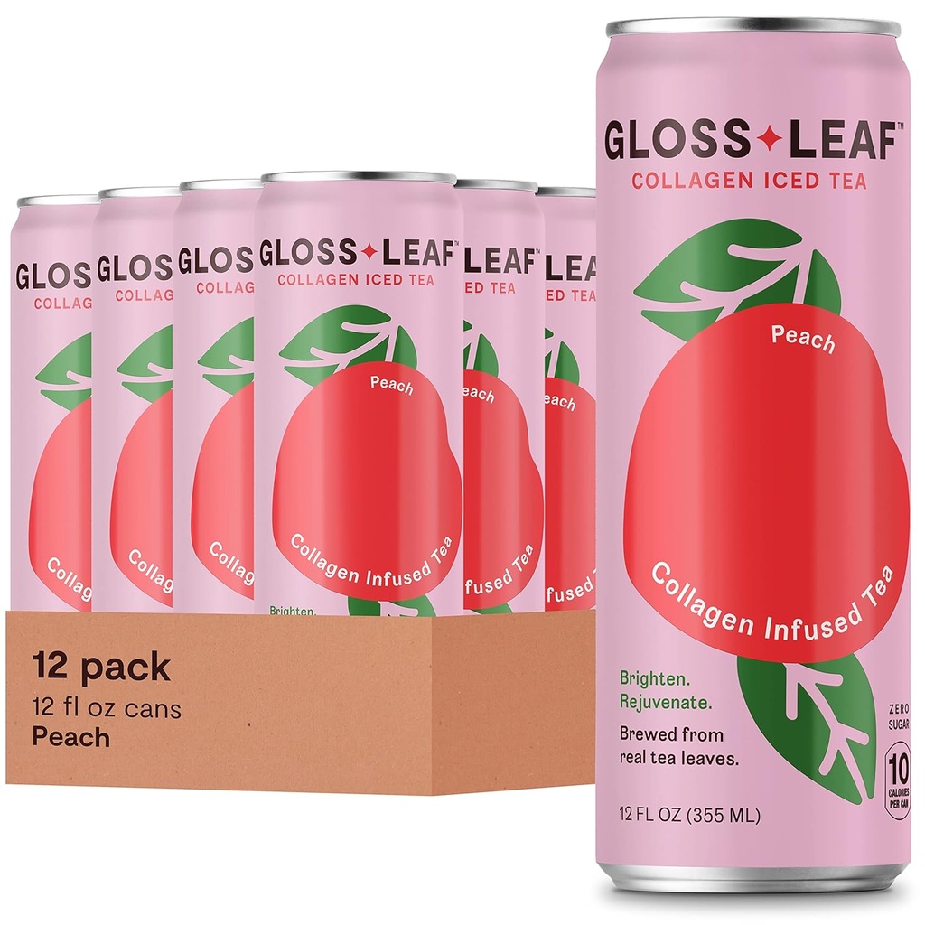 Gloss Blatt Collagen Iced Tea (Zero-Sugar, Peach): Schwarzer Tee mit Collagen Peptides Protein & Vitamin C, Beauty & Anti-Aging, 12 Fl Oz, 12 Pack