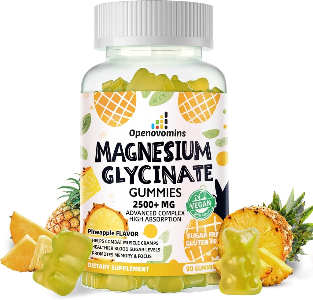 Magnesium Glycinate Gummies 2500mg - Zuckerfreie Magnesium Kaliumergänzung mit Vitamin D, B6, CoQ10 für ruhige Stimmung & Schlafunterstützung - 90 Ananasgummis