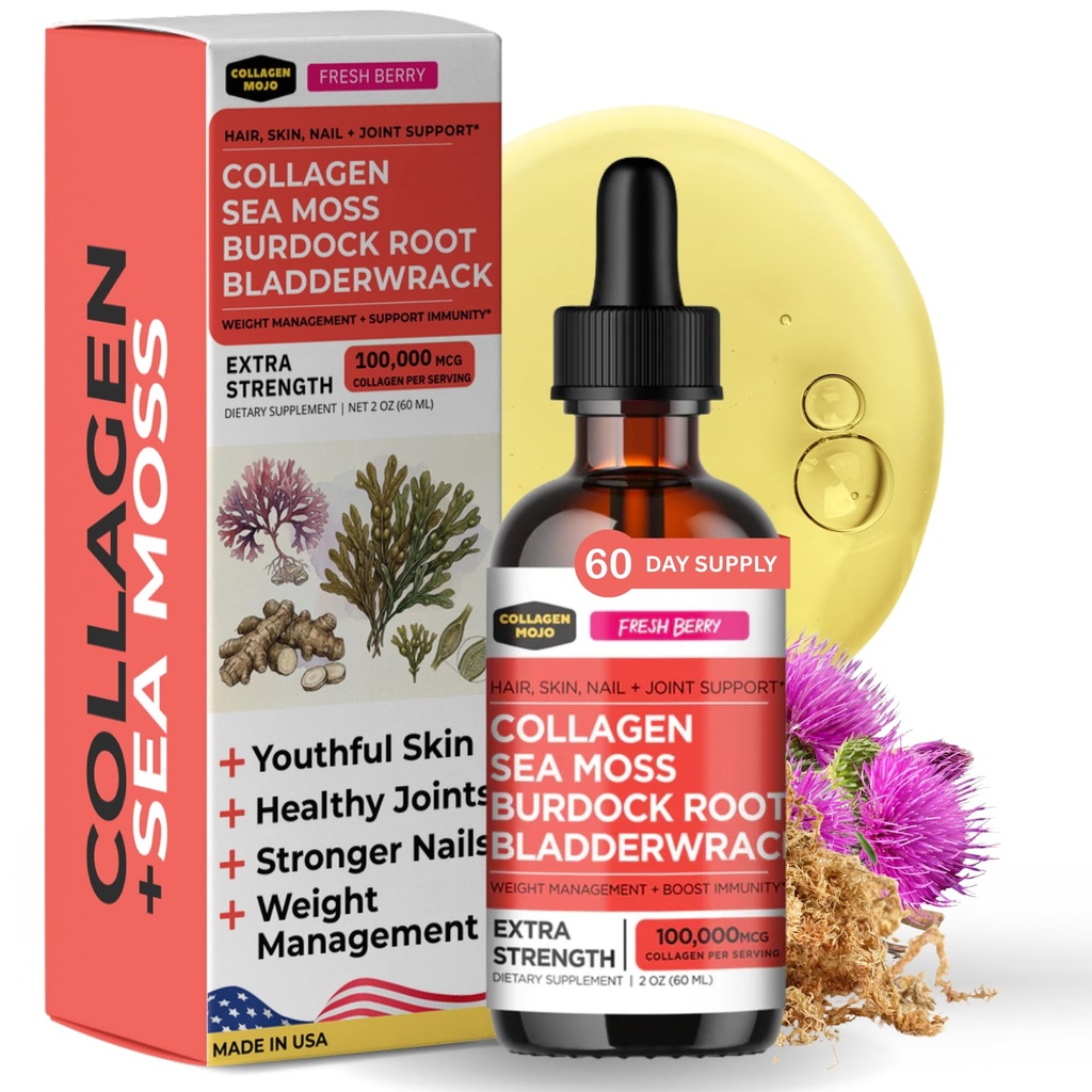 Collagen Mojo - flüssiges Kollagen für Damen und Herren, Collagen Peptide mit Sea Moss, Burdock Root & Bladderwrack - Haar, Haut, Nägel, Gelenkunterstützung, Gewichtsmanagement, hohe Absorption - 100.000mcg, 2 Oz