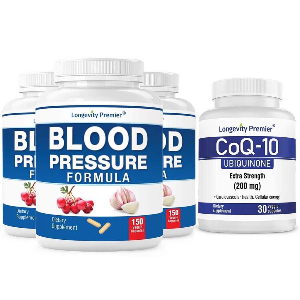 [BP Value Pack] Langlebige Blutdruckformel 150 Kappen x 3 Flaschen mit 1 Gratis Flasche CoQ10 [30 Veggie Kappen]