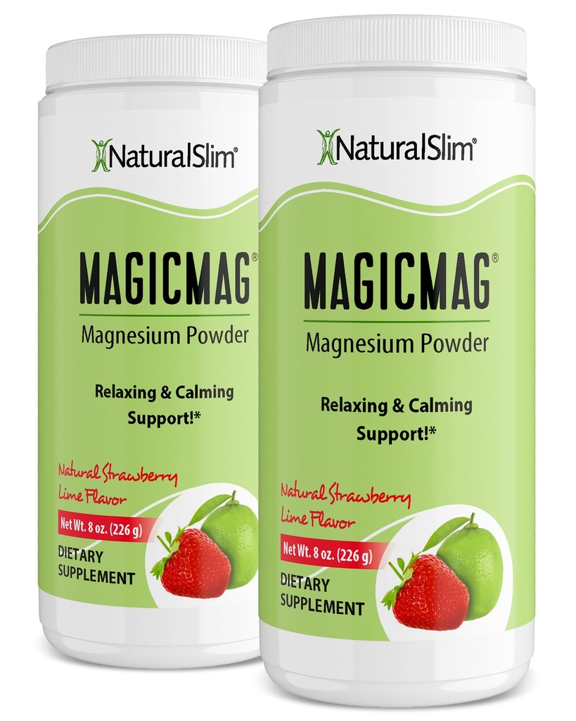 NaturalSlim Magicmag reines Magnesium-Zitrat-Pulver – Stress, Verstopfung, Muskeln und Herzunterstützung | Natürliche Erdbeere & Lime geflochtene Magnesium-Ergänzung - 8oz Drink Mix (2 Pack)