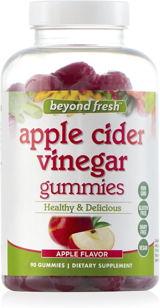 Jenseits von frischen Apfel Apfel Apfelessig-Gummien, unterstützt Verdauung, Wasserhaushalt, Debloat, reich an energieverstärkenden Vitamin B12 und B9 (Folic Acid), Vegan, Dairy Free, Glutenfrei, 90 Count, Multi