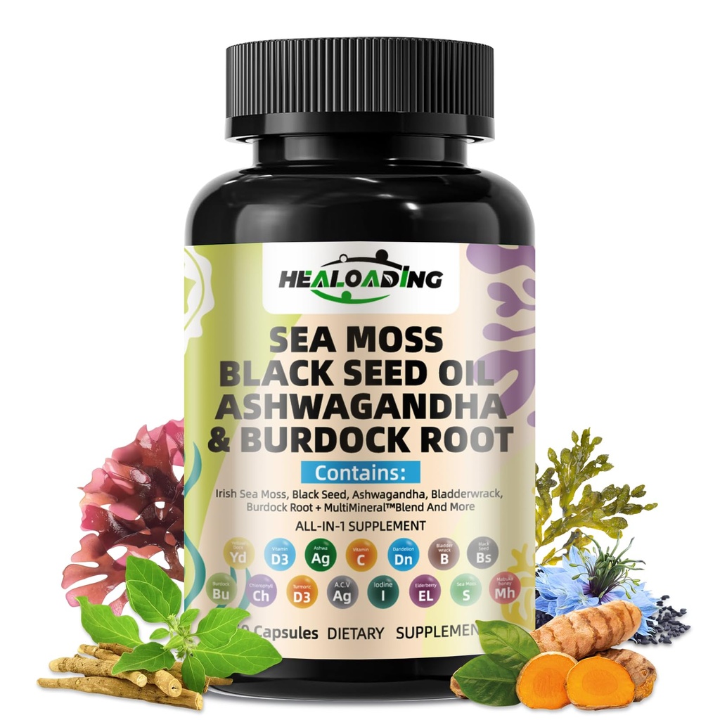 Sea Moss Capsules:Wildcrafted Organic Irish Seamoss & Bladderwack - Reich an Mineralien, unterstützt Schilddrüsengesundheit, Verdauung, Haut und Immunsystem - Vegan, Non-GMO
