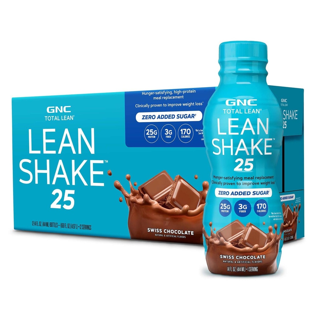 GNC Lean Shake 25 Protein Shake, Clinical Proven Weight Management, Meal Replacement, 25g Protein mit Zero Added Sugar, Ready To Drink, Schweizer Schokolade, Paket von 12