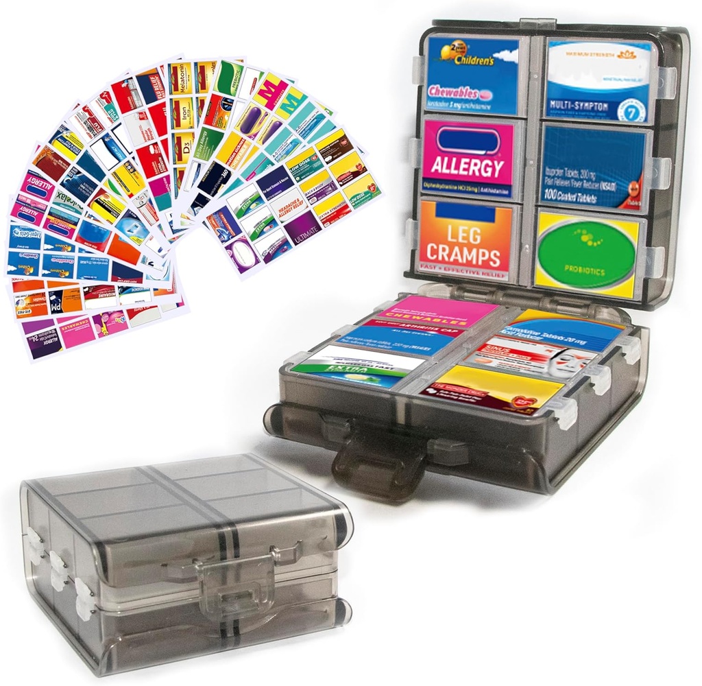 Große Pillen-Organisator mit Medizin-Labels, Pillenspender 12-Kommentar Reise-Arzneimittel, 7-Day Pillen-Box für Vitamine und Ergänzungen (grau, 161 Labels)