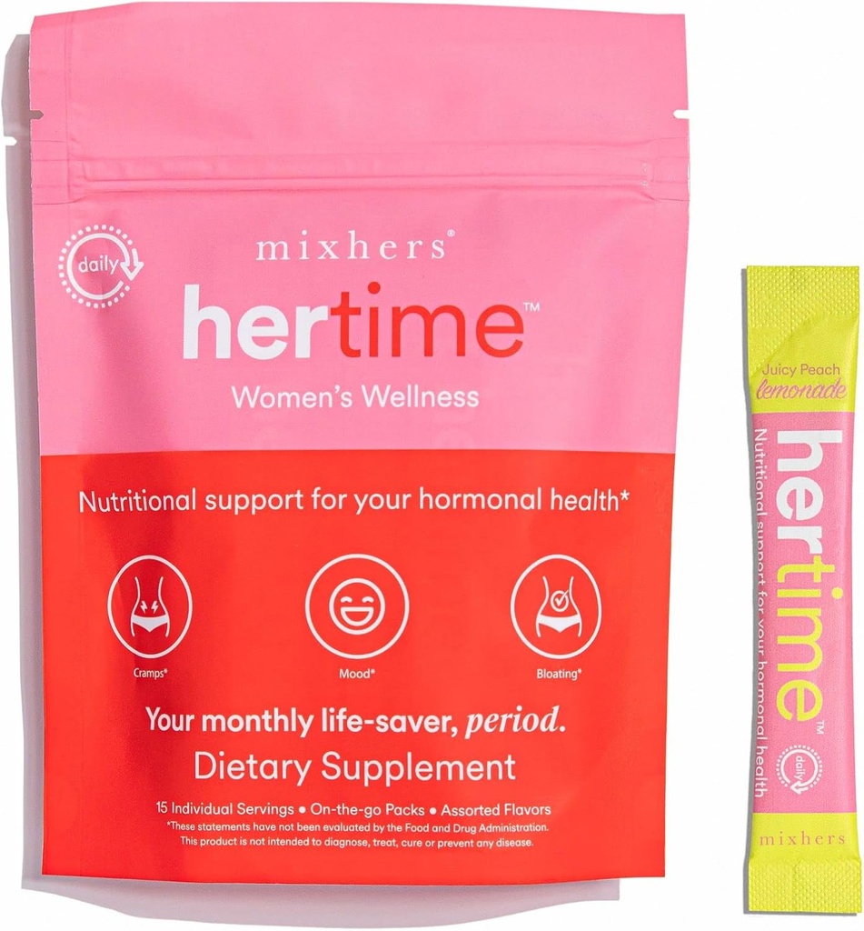 MIXHERS Hertime PMS - Unterstützt Hormone Gesundheit für Frauen - Unterstützt einen gesunden Menstruationszyklus - mit Mineralien, Peony Wurzeln, Sibirische Ginseng - Sugar-Free - 15 Drink Packets - Peach Lemonade