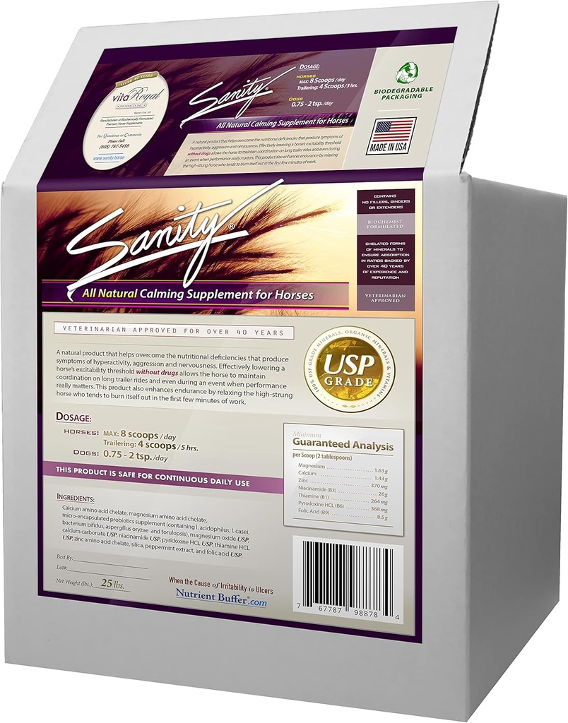 Sanity - Equine Behavioral Calming Focus Supplement für Pferde - Magnesium, Calcium, Zink, B Vitamine, Aminosäuren, Probiotika, Thiamin, Folsäure, Niacin, Pfefferminz &amp; Mehr