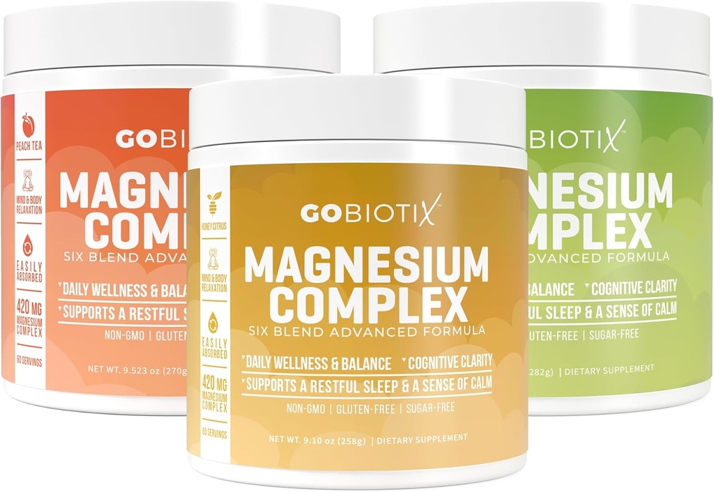 GoBiotix Magnesium Complex Powder Trio - 420mg, 60 Servierungen - Honig Citrus, Lemon Lime, Peach Tea