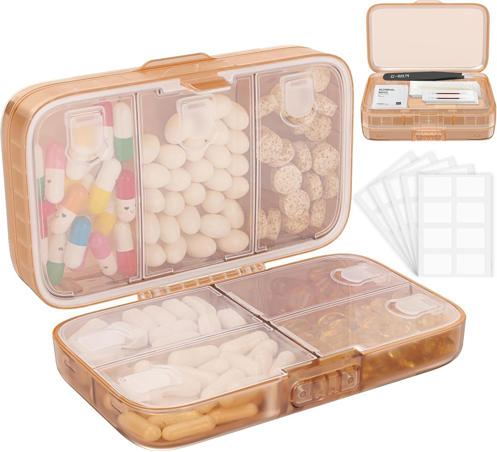 FYY Weekly Pill Organizer mit Labels,8 Compartments Travel Daily Pill Case Luftdichte Feuchtigkeitsdichte große Pille Box, um Vitamine, Fischöl, Nahrungsergänzungen, Cotton Swab und Bandagen-Brown zu halten