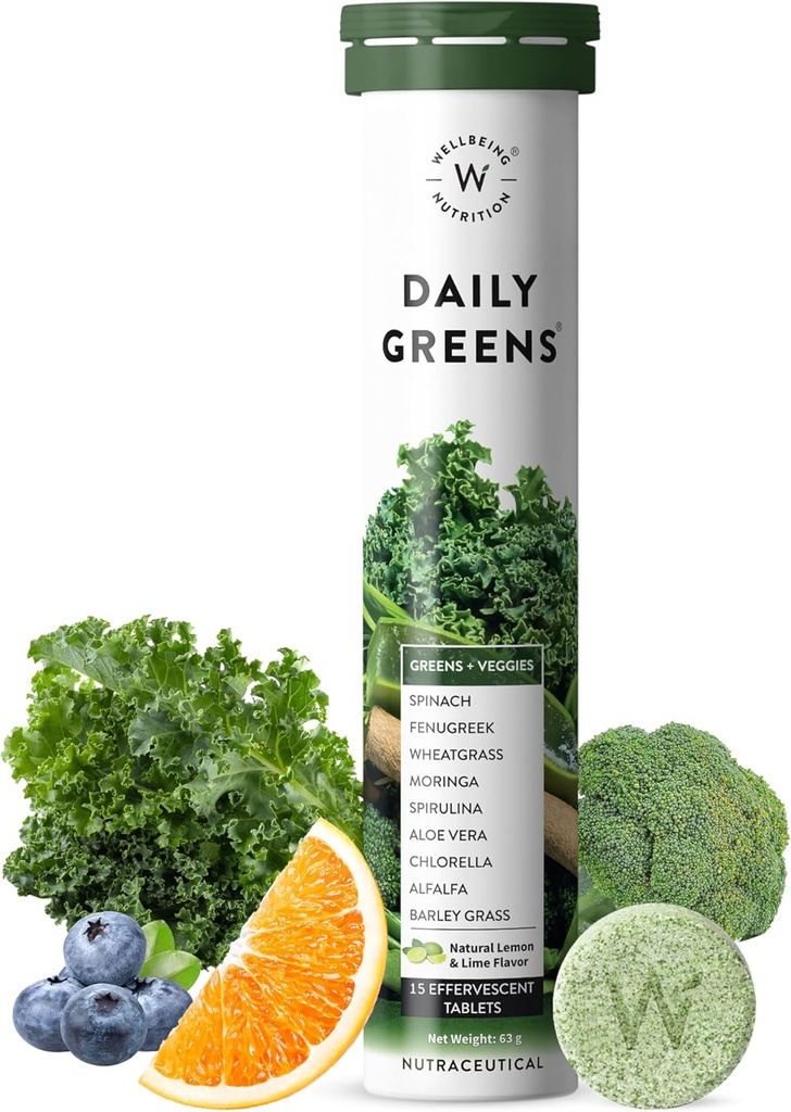 WELLBEING NUTRITION Tägliche Grüne | Natürliche Zitronen und Lime Geschmack | 15 Tabletten 63g (2.22Ounce)