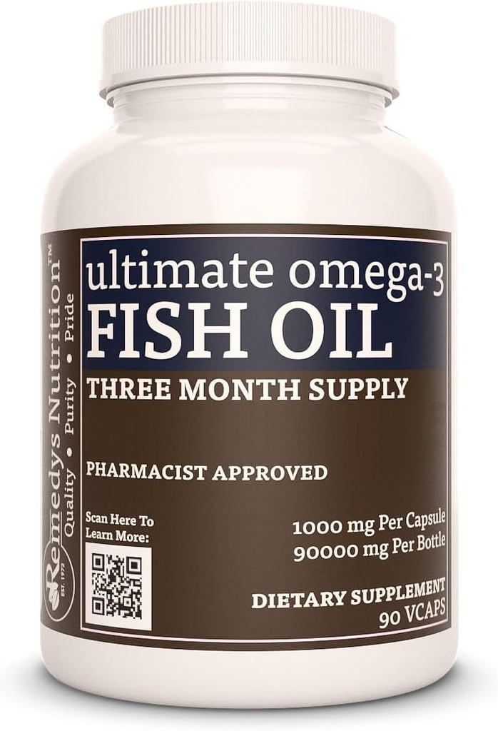 Remedys Ernährung Ultimate Omega-3 Fischöl | 1.000 mg, 90 Softgels Nahrungsergänzungsmittel | 3 Monat Versorgung | EPA, DHA, GLA, ALA, & LA Fettsäuren
