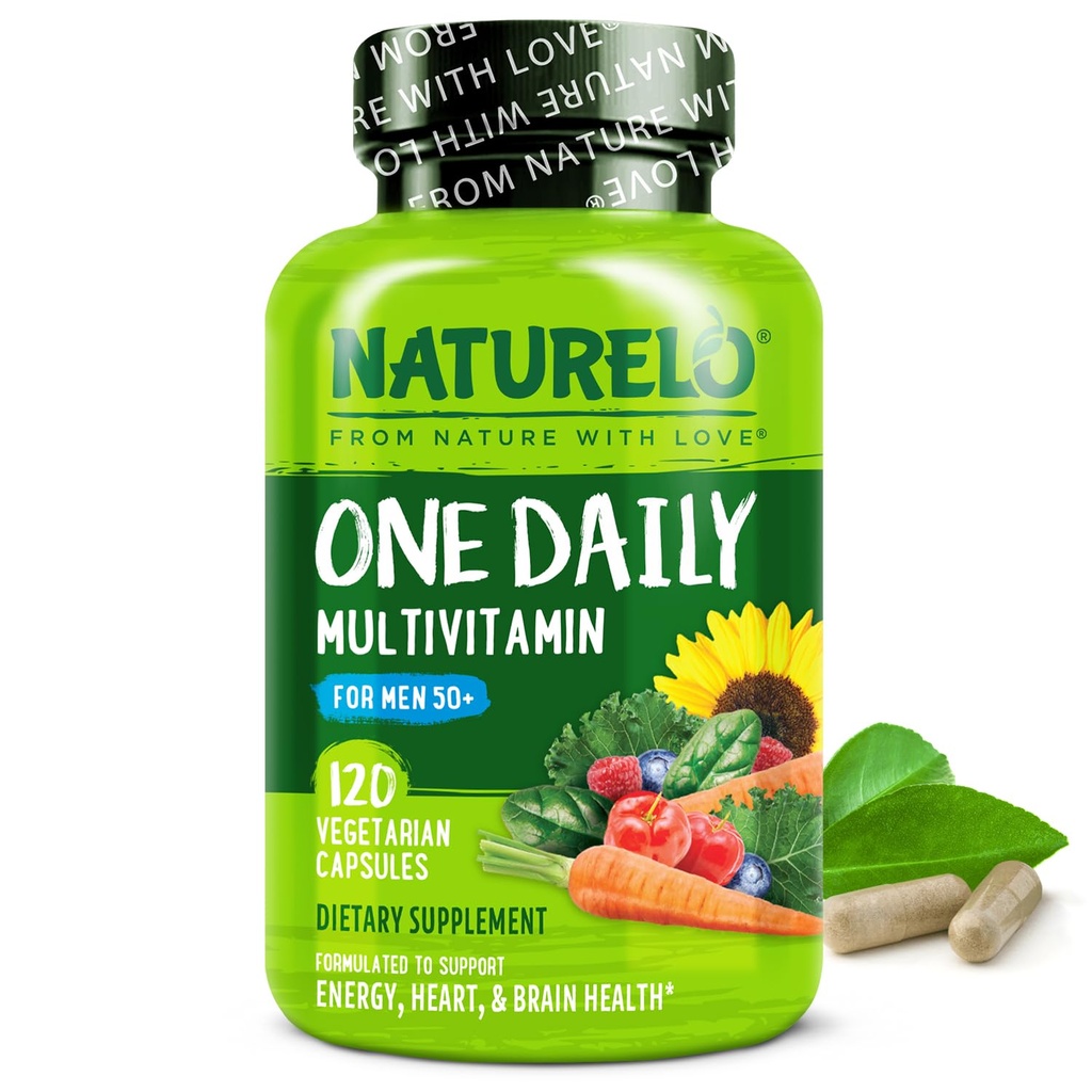 NATURELO Mens Multivitamine für Männer 50+ - Eine tägliche Multivitamin für Männer mit Vitaminen, Mineralien & Bio- Ganze Lebensmittel, Boost Energy & Health, Non-GMO, 120 vegetarische Kapseln