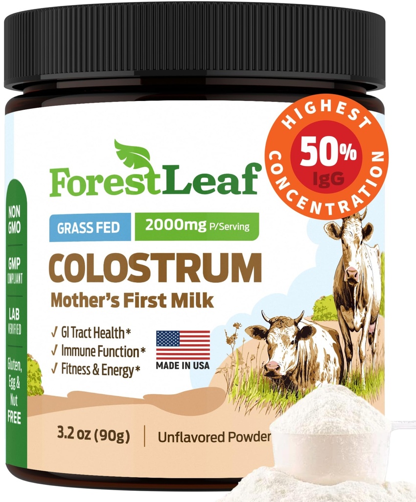 ForestLeaf Colostrum Powder 50% IgG Höchste reine Konzentration, Gras Fed Colostrum Supplement für Gut Gesundheit, Immununterstützung und Muskelrückgewinnung, Bovine Colostrum für Menschen, Unflavored, 45 Servierungen