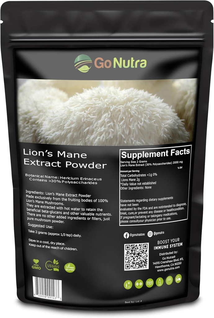Go Nutra - Lion’s Mane Powder, Potent 10:1 Lion’s Mane Mushroom Powder mit 30% Polysacchariden, Pure Lion’s Mane Extract für Tee, Saft, Wasser und mehr, Non-GMO, Vegan, 8 Unze