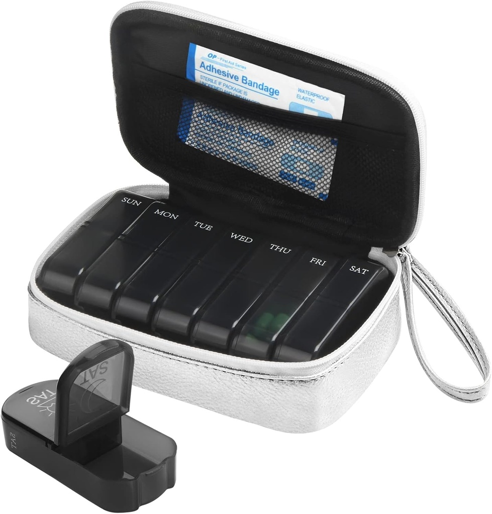 Wöchentliche PU Leder Pille Tasche Organizer Case 2 Mal am Tag, AM Tägliche Pille Box Vitamin, Fischöl, Nahrungsergänzung und Medizin (Silber)