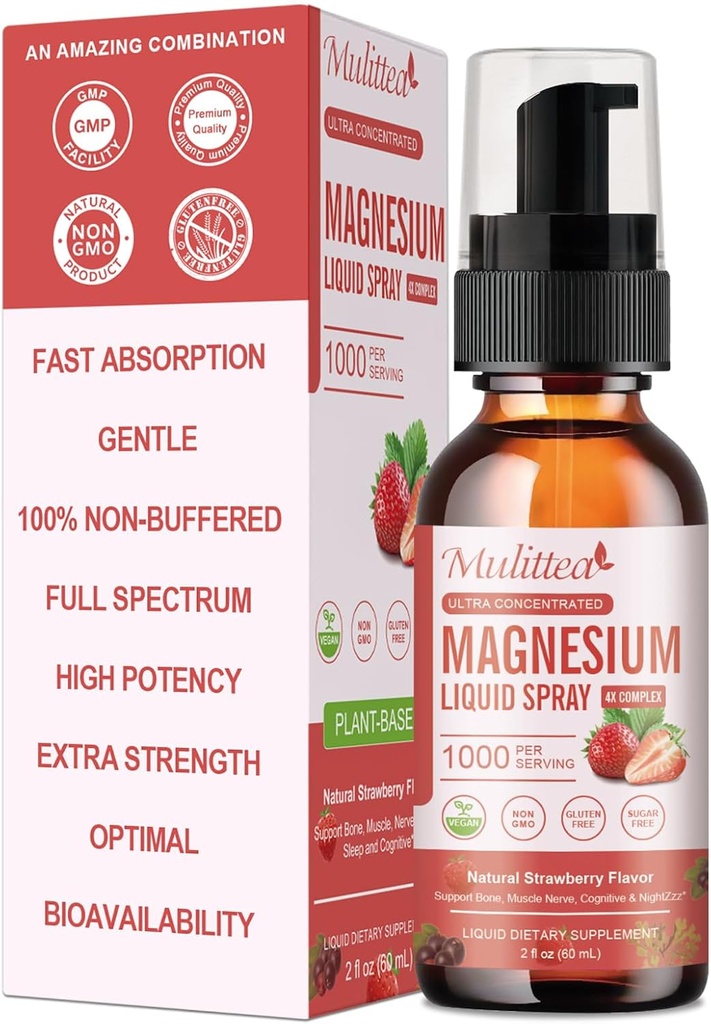 Magnesium Glycinat Flüssiges Spray mit Citrat, Oxid & Malat, Magnesium mit ganzem Vitamin, L-Theanin, D3K2, B6 für Herz, Leg Cramps,Muscles&Energy- Sugar-Free Strawberry Flavor, 2 Fl Oz